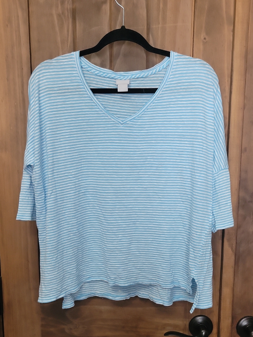 Light Blue Striped V-Neck Women's Top